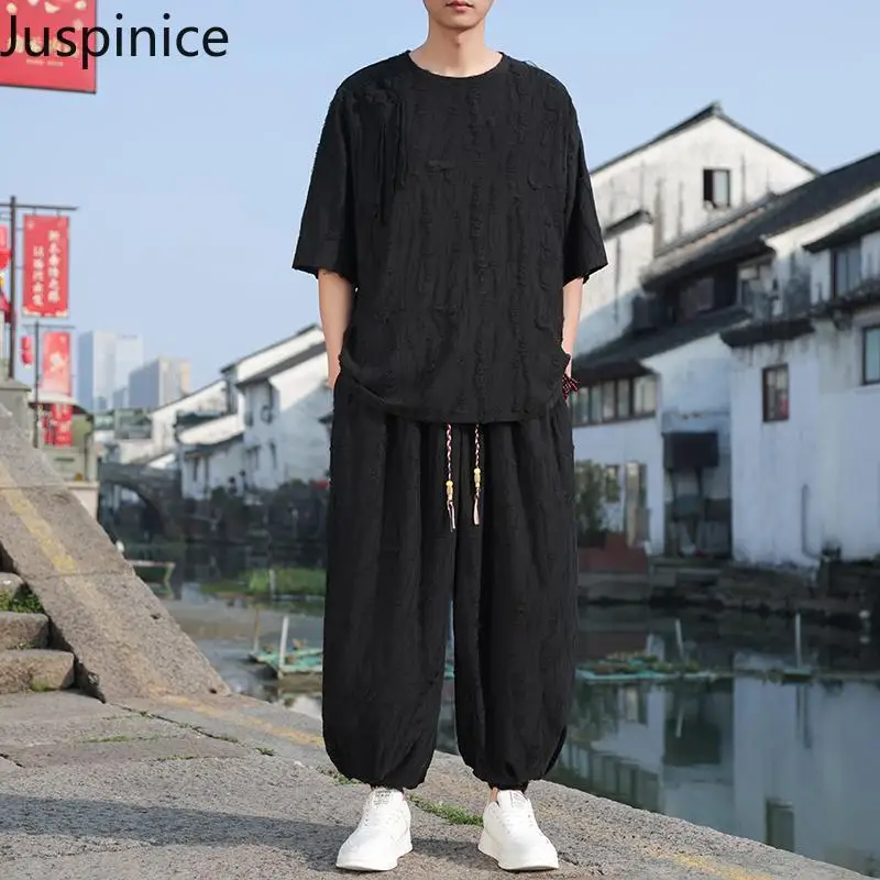 

Summer Ice Silk Short-sleeved T-shirt Trousers Men's Loose Casual High Street Simple Personality Sports T-shirts Pants Set