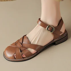 2024 summer new plus size 41 women's cow leather narrow band braided t-strap flats sandals round toe casual female summer shoes