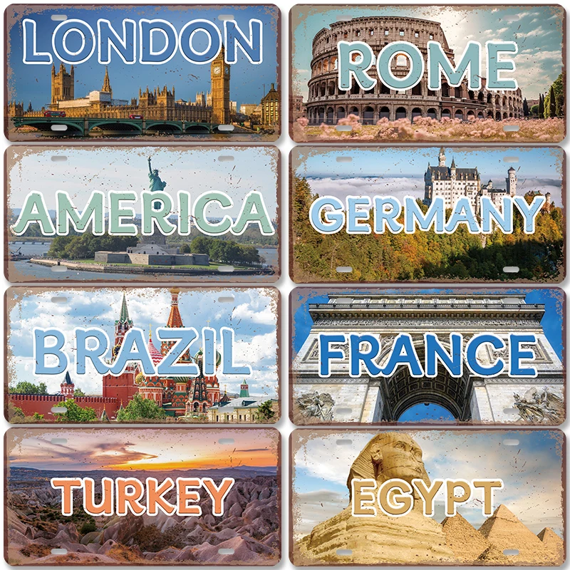 Country Capital City License Plate Metal Signs Retro America France Brazil Turkey Metal Poster Cafe Bar Pub Man Cave Wall Decor