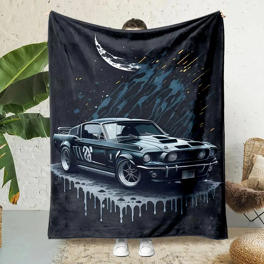 Retro Muscle Car Blanket – Black, Navy & Gold, Soft All-Season Throw for Sofa, Bed, Office & Camping,Perfect Gift for Car Lovers