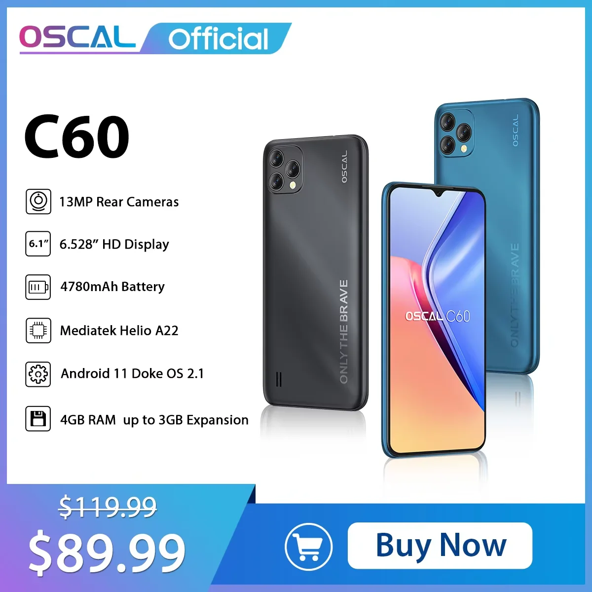 Oscal C60 Smartphone Blackview, 6.528 Inch, 4GB + 32GB, 4780mAh, 13MP + 5MP Camera, Android 11, Mobile Phone with 3 Card Slots