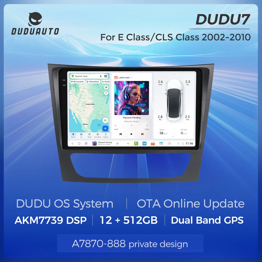 DUDUAUTO Stock UE DUDU7 DUDU 7 Autoradio sans fil 8 cœurs Carplay Android Auto A7870 8G+128G pour Mercedes-Benz Classe E W211 E200 E220 E300 E350 E240 E270 E280 W463 W209 W219 GPS Navigation Lecteur Multimédia Vidéo DSP Stéréo DVD Autoradio Unité Centrale 4G Wifi
