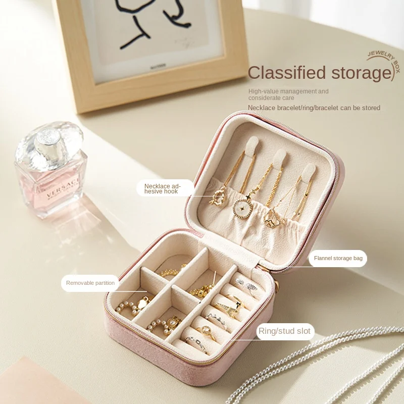 Elegant Flannel Jewelry Storage Box With Zipper Multifunctional Portable Square Jewel Organizer