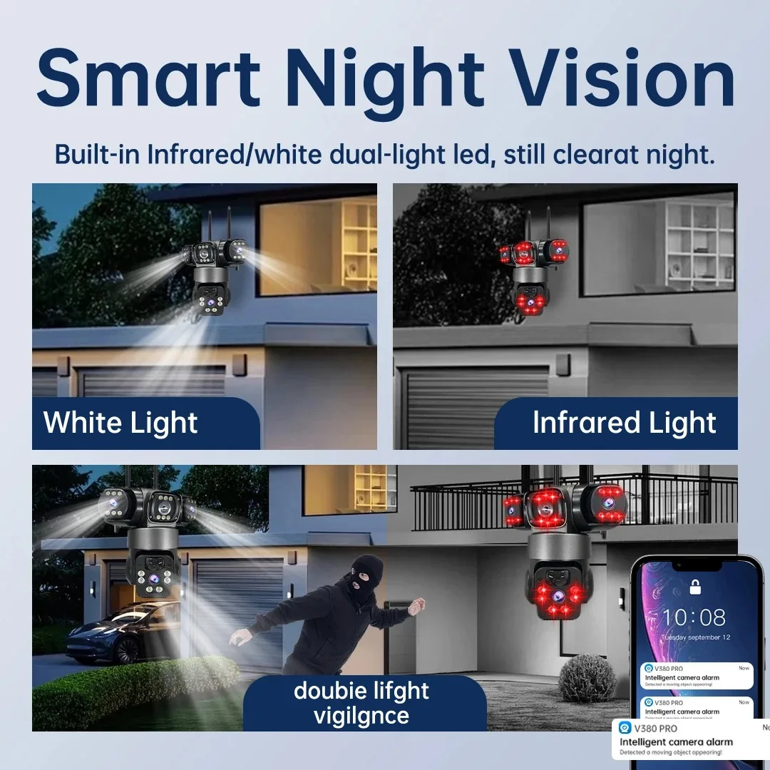 15MP 8K واي فاي كاميرا IP ثلاثة عدسات الشمسية في الهواء الطلق كاميرا مقاومة للماء HD بطارية منخفضة الطاقة PIR للرؤية الليلية CCTV كاميرا الأمن