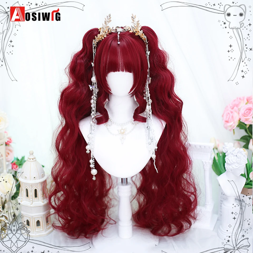 Peruca longa e encaracolada cosplay com dois rabos de cavalo para mulheres, cabelo sintético, resistente ao calor, perucas lolita, vermelho, preto,