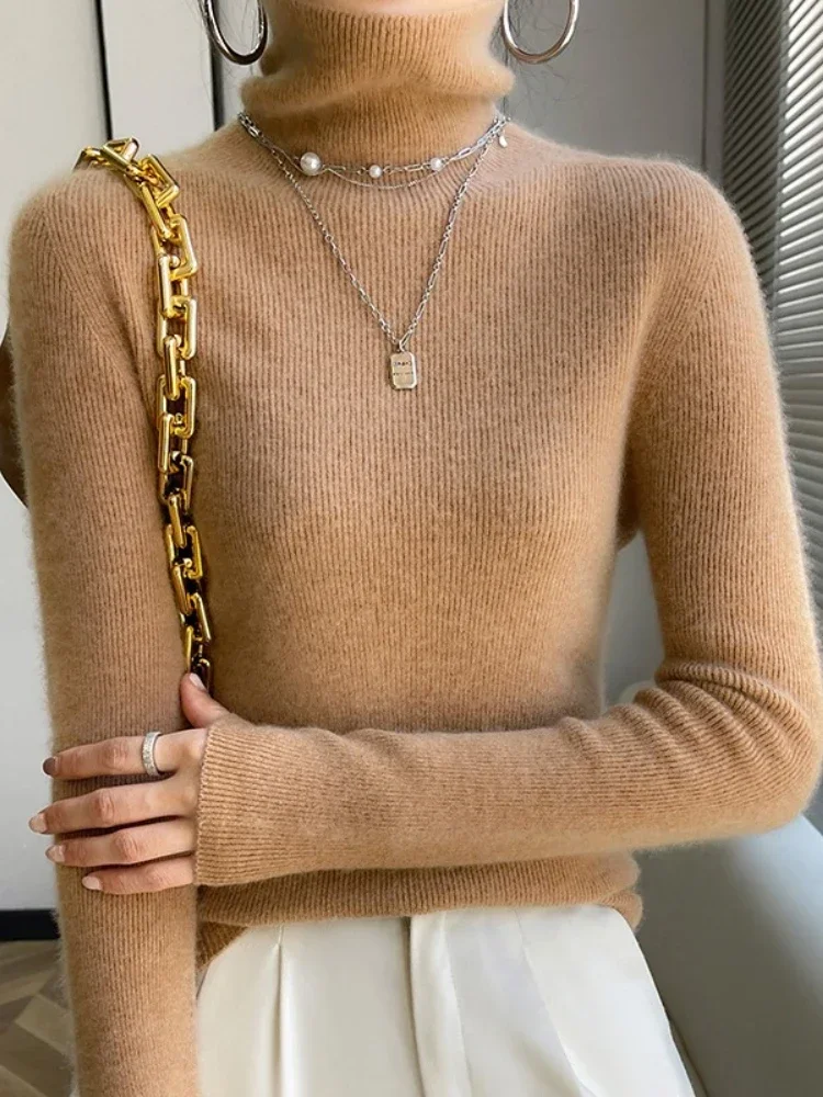 

New Autumn Winter Soft Turtleneck Cashmere Knitted Sweater Korean Style Slim Fit Solid Color Basics Pullovers