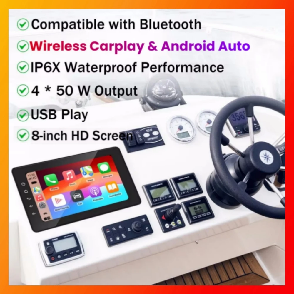 Image of 8-Zoll-Marine-Multimedia-Player IPX6 Wasserdichter Bootsmedien-MP3-Player mit drahtlosem CarPlay/Android Auto für ATV Auto Boot Moto