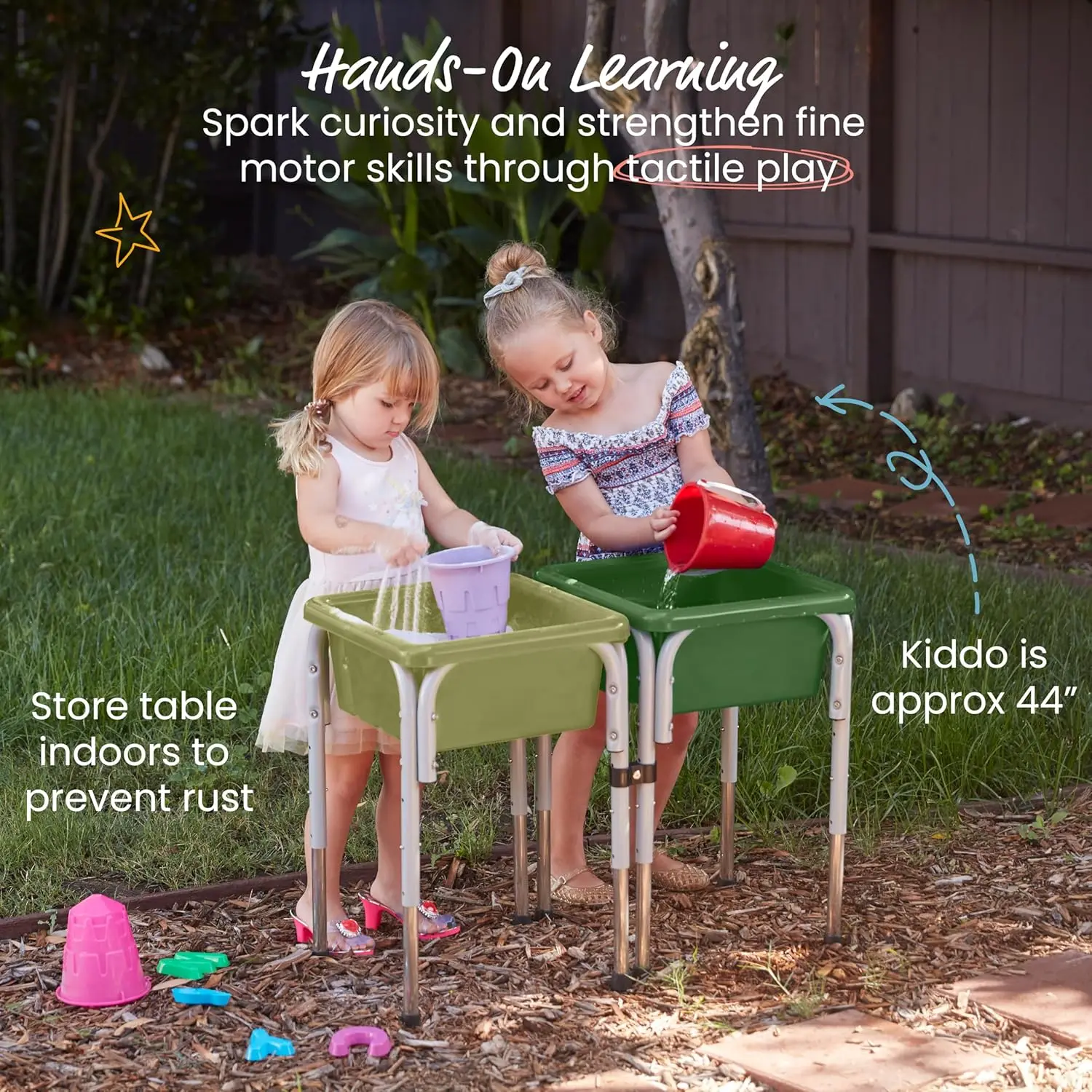 Tavolo da gioco regolabile in sabbia e acqua a 2 stazioni, contenitori sensoriali, verde felce/verde cacciatore