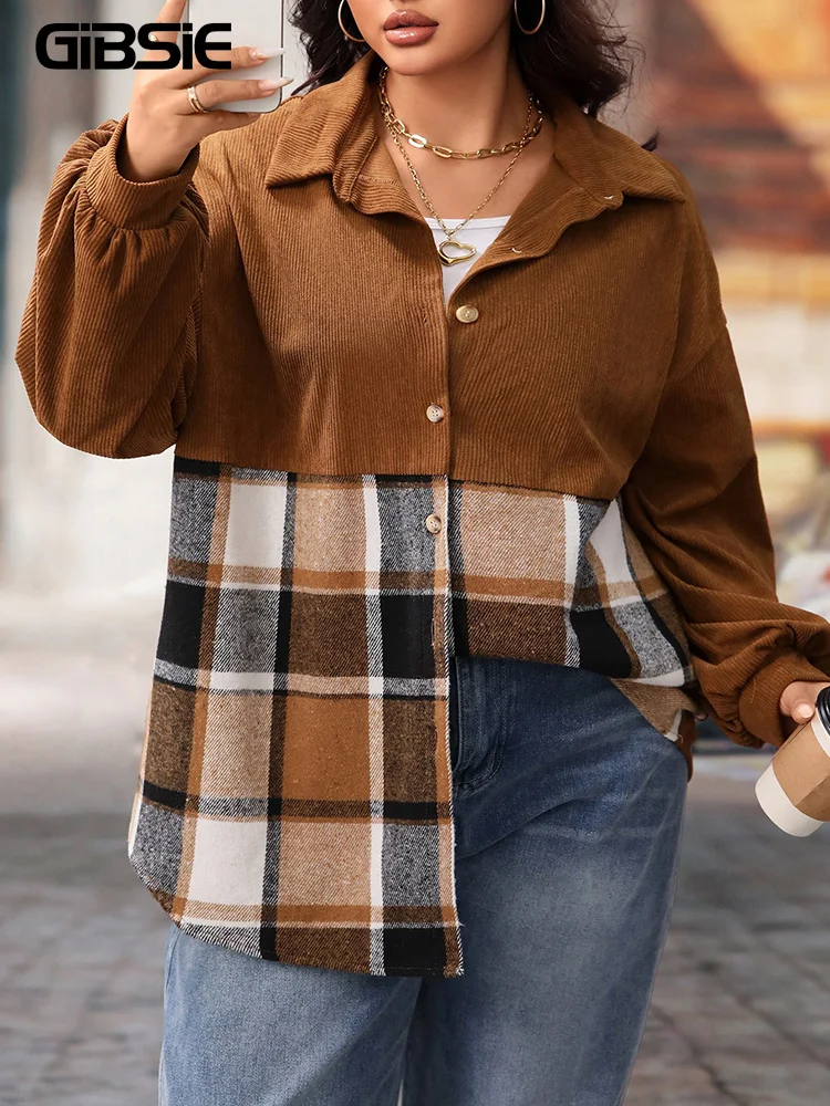 

GIBSIE плюс размер клетчатая однобортная вельветовая куртка-рубашка женская осень 2025 с длинным рукавом свободная повседневная женская верхняя одежда топы