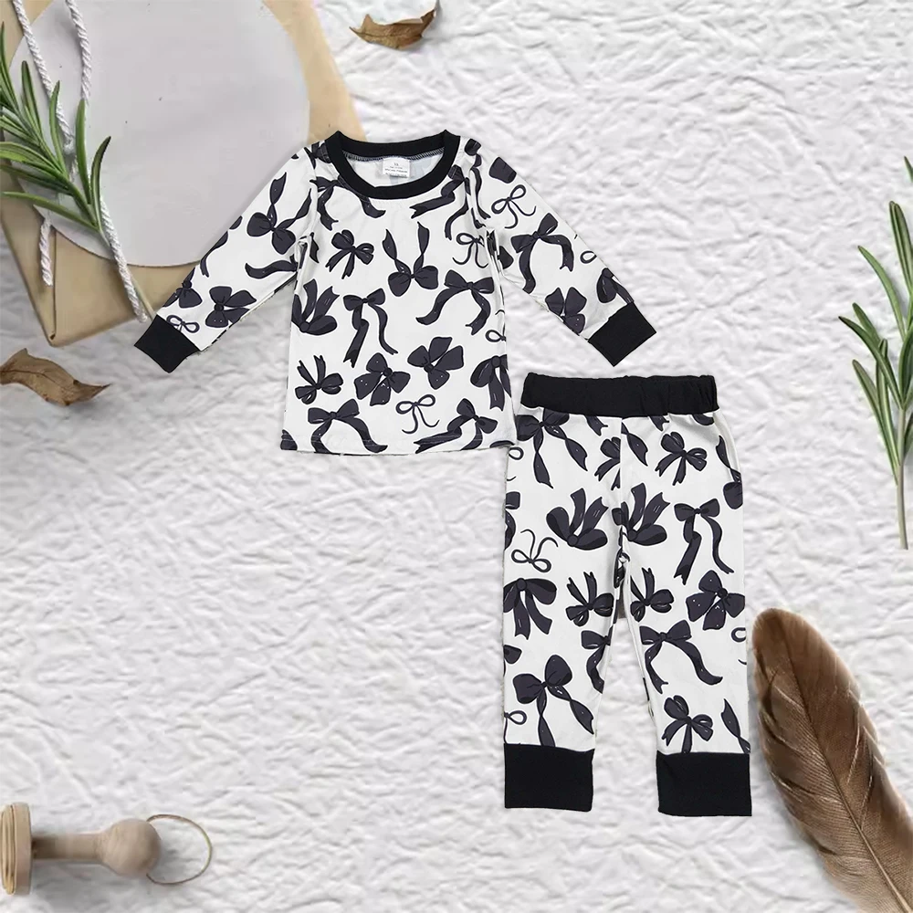 

RTS Baby Kids Long Sleeve Black Bow Pajama Set Children Baby Girls Spring Holiday Clothes Wholesale Kids Outfit