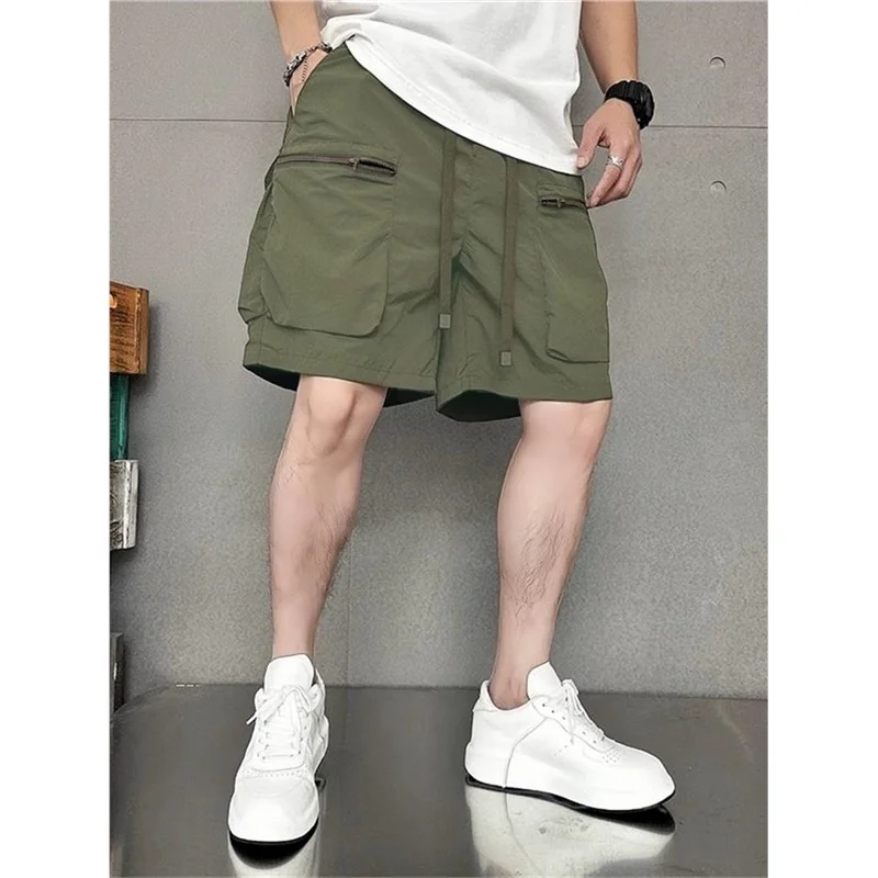 Men's Ice Silk Work Shorts Thin Five-Quarter Length Quick Dry Beachwear with Multiple Pockets mid Waist Straight Leg Summer