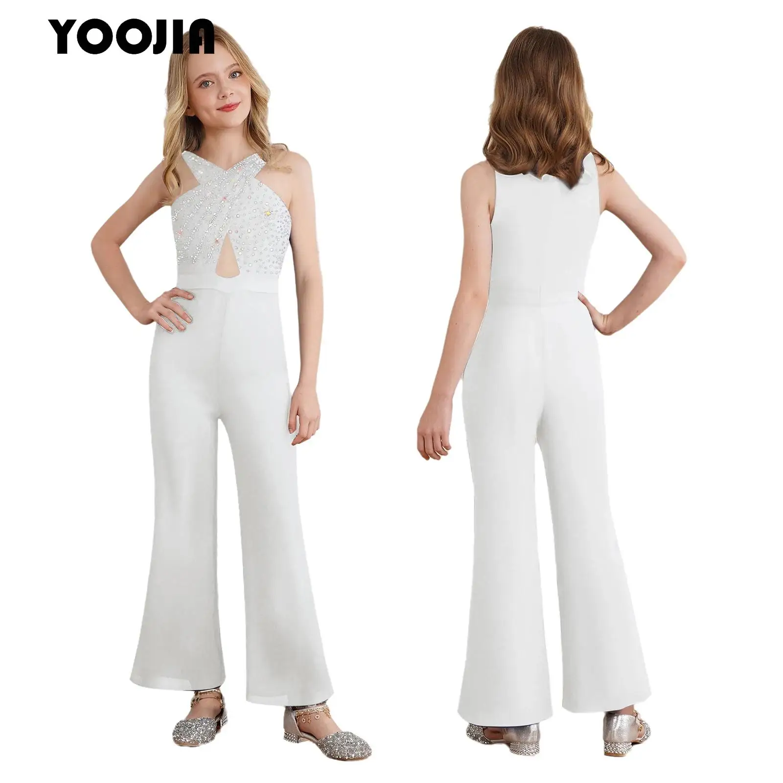 

Shiny Girls Party Pageant Jumpsuit Rhinestone Sleeveless Cross Collar One Piece Jumpsuit Elegant Evening Wedding Birthday Romper