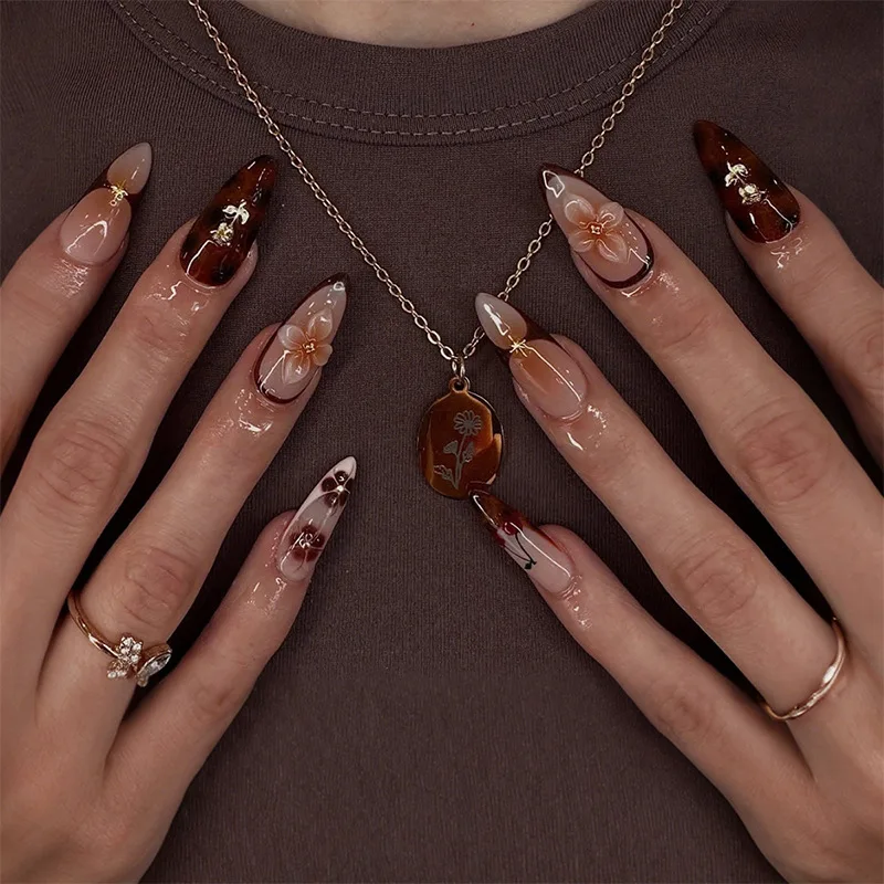 

24Pcs Fake Nails 3D Floral Cherry French Leopard Print Almond Vintage Press-On Nail Tips Perfect Gift for Girls and Friends