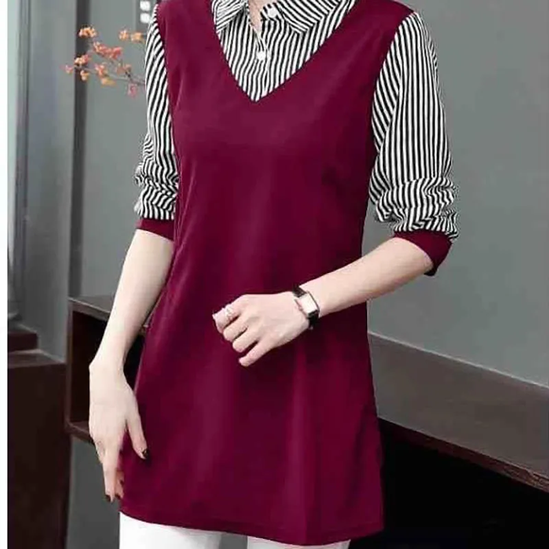 Fashion Lapel Spliced Striped Fake Two Pieces Blouse Women\'s Clothing 2023 Spring New Oversized Casual Pullovers Korean Shirt