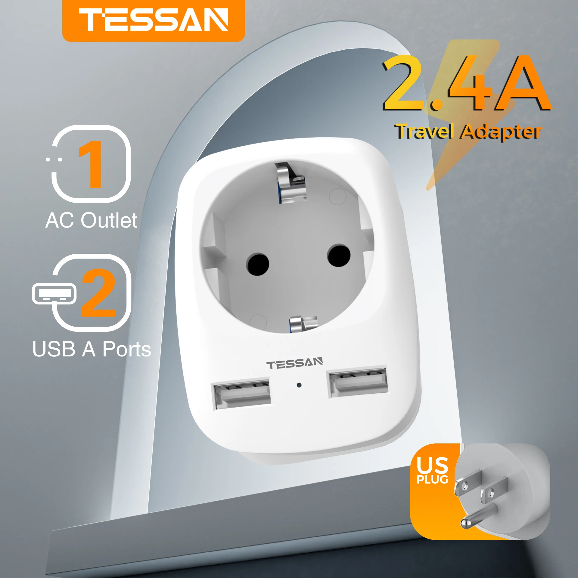 TESSAN Adapter podróżny Adapter USA Ameryka Europa Wtyczka z 2 gniazdami USB 2.4A Adapter podróżny Wtyczka zasilająca do Kanady Meksyku