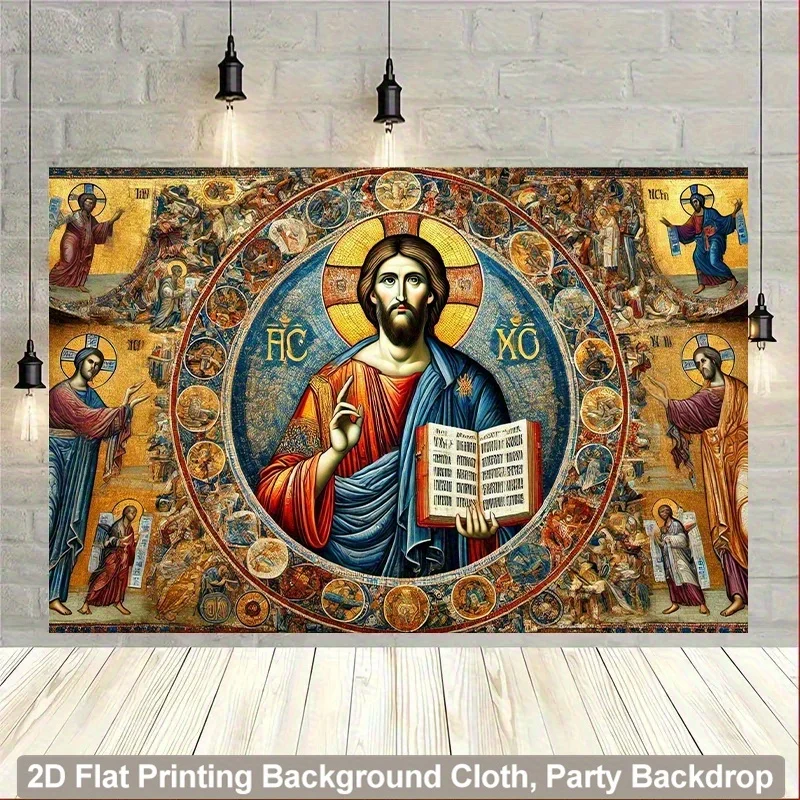 2DJesus Christ Tapestry Byzantine Icon Religious Christian Orthodox Saints Gospel Book Halo Cross Church Cathedral Worship Decor