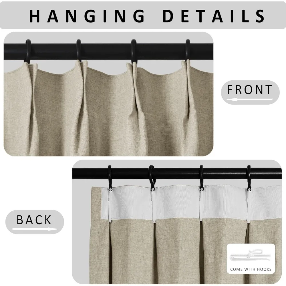 Extra Long Full Blackout Curtains 20ft Beige Linen Pinch Pleated with Hooks and Tieback for High Ceilings