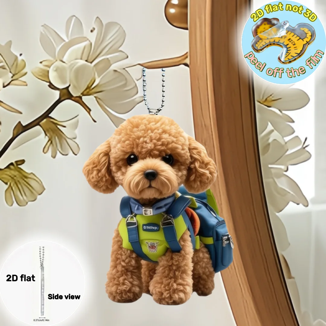 Cute Teddy Dog With Schoolbag Pendant Keychain,Puppy 2D Flat Acrylic Ornament,Hanging Decoration for Car,Bags,Festive,Party,Gift
