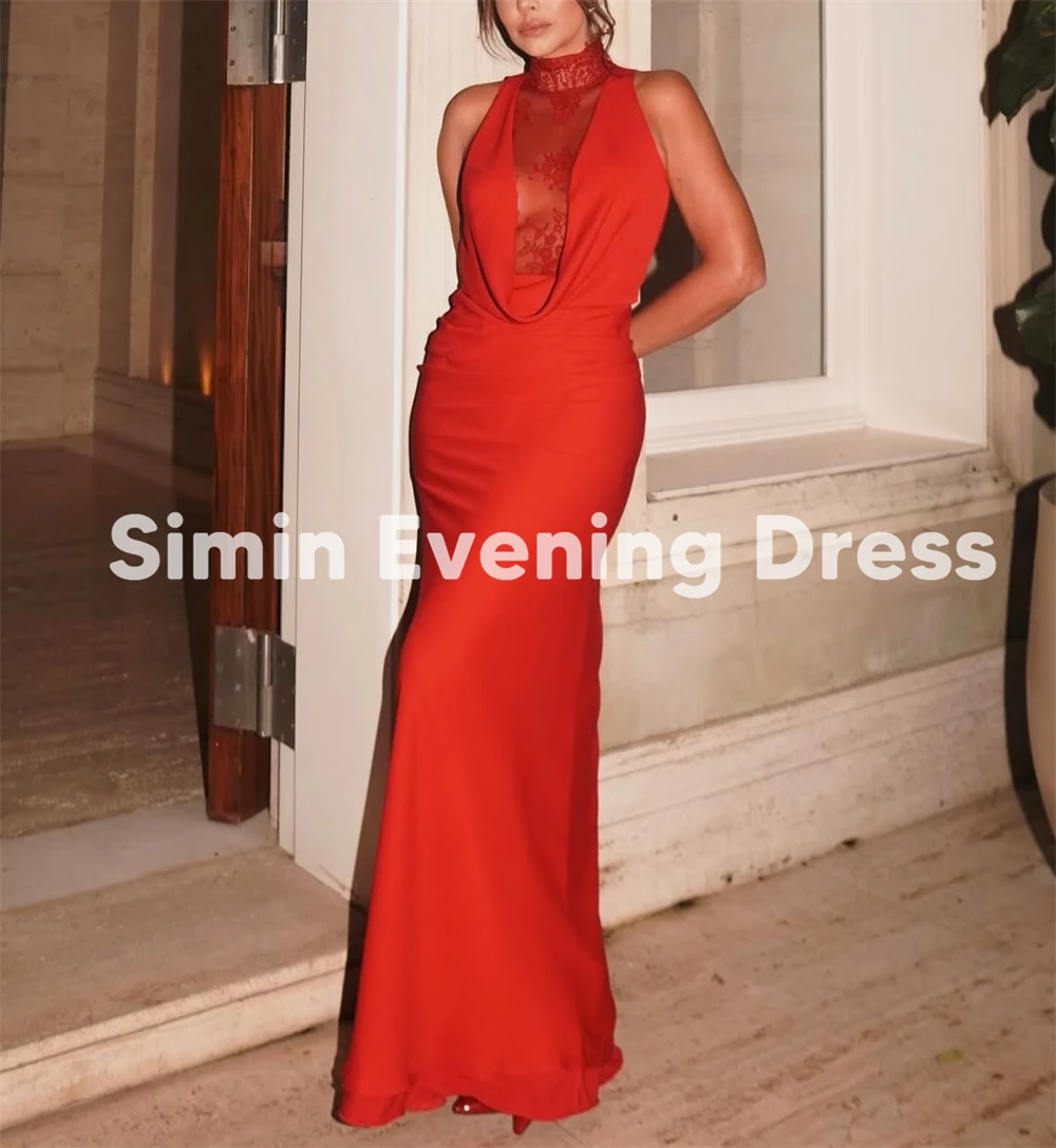 Simin – robe de soirée en dentelle pour femmes, personnalisée, col haut, droite, saoudienne, sans manches, longueur au sol, robes de soirée élégantes, 2025