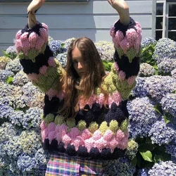 Jersey de ganchillo con bolas de pelo 3D sueltas, Jersey de rayas gruesas hechas a mano, con contraste de colores, suéter enganchado, Tops de manga larga linterna
