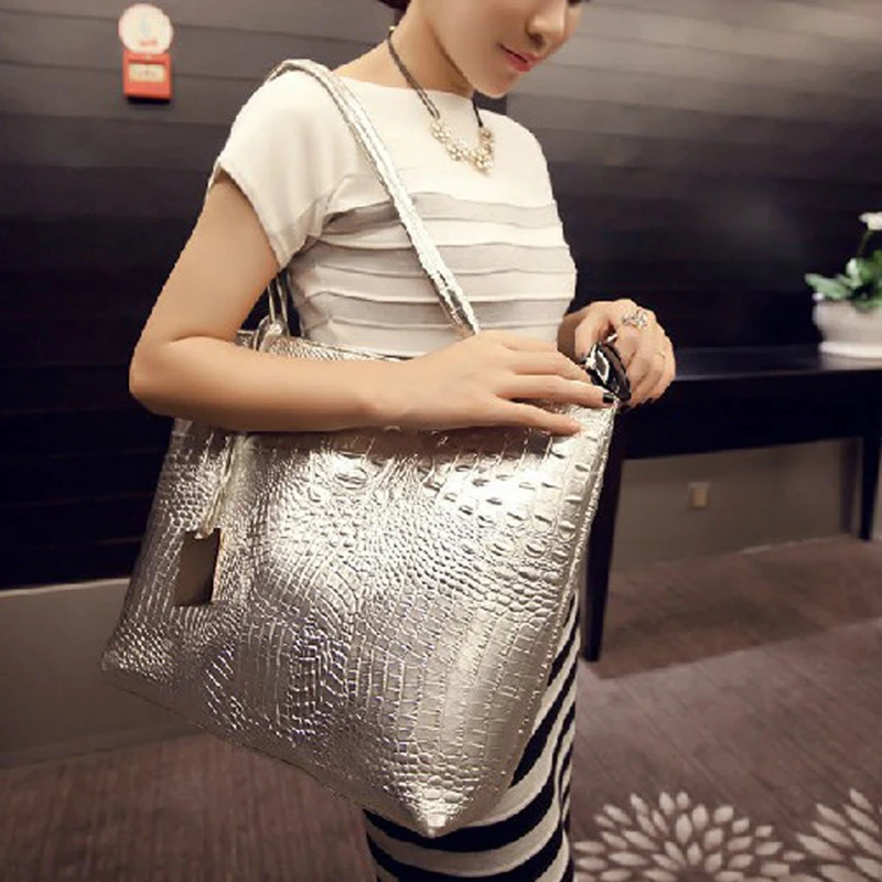 Fashion Casual Women Shoulder Bags Large Capacity Silver Gold Black Crocodile Handbag PU Leather Big Tote Bag Ladies Hand Bags