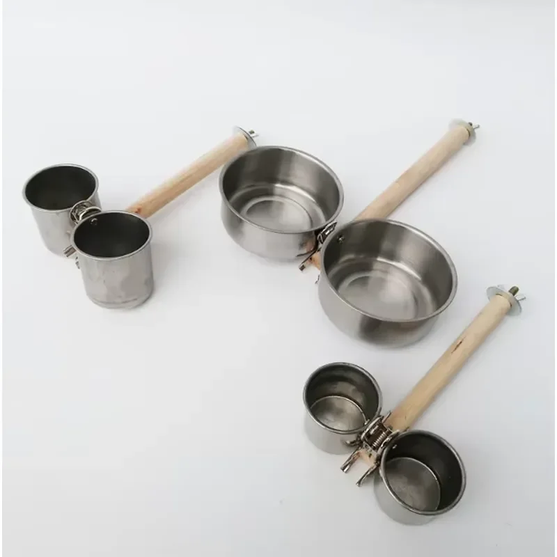Stainless Steel Parrot Bird Feeder Cup Container Food Basin for Birdcage Accessories with Separate Wood Perch