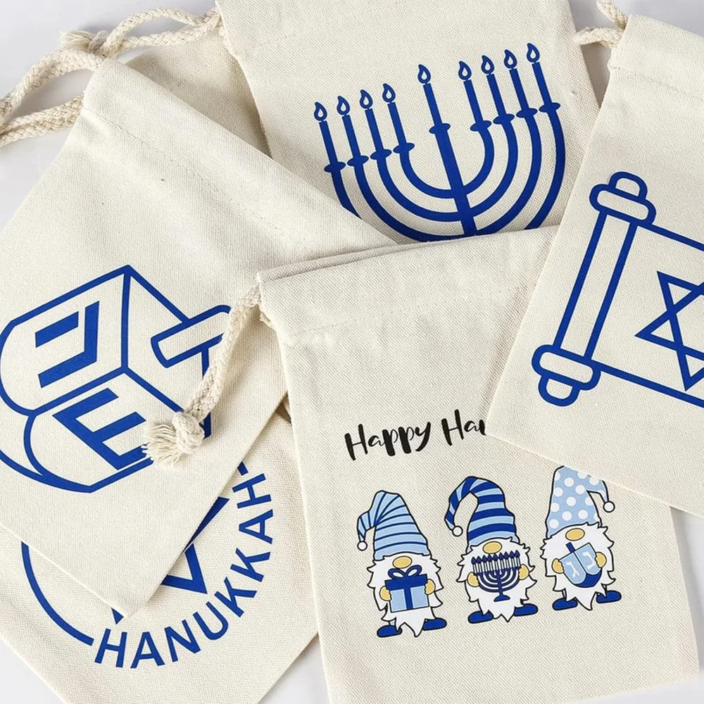 5Pcs 5X7 IN Hanukkah Gift Bags Drawstring Gift Bags for Menorah Theme Party Supplies Chanukah Gift Bags Decorations New Year