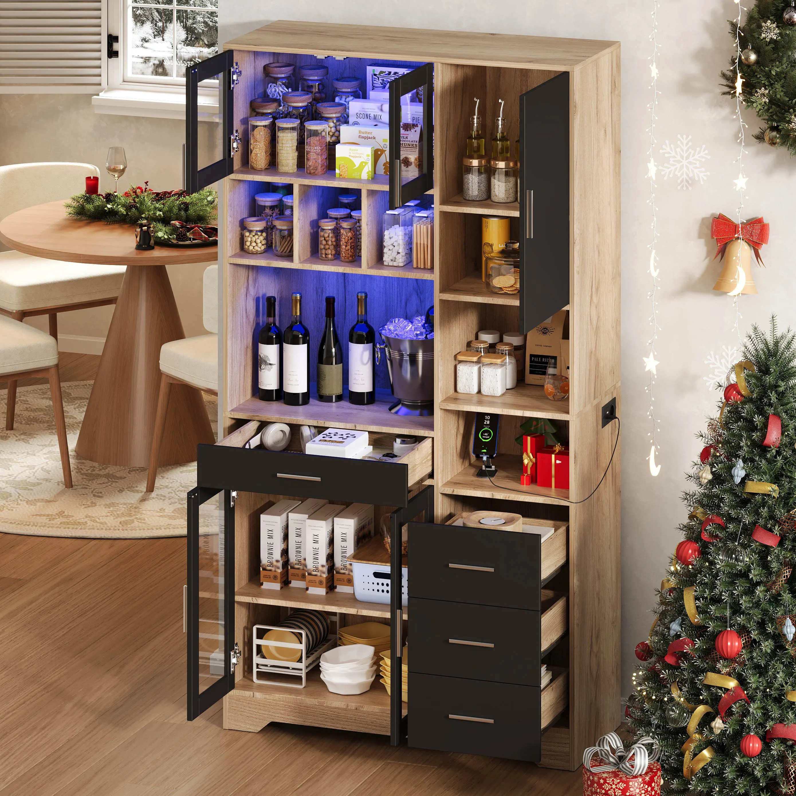 Buffet de cuisine avec LED, étagères réglables et panneaux - LPOSPI - Verre trempé, MDF noir et naturel