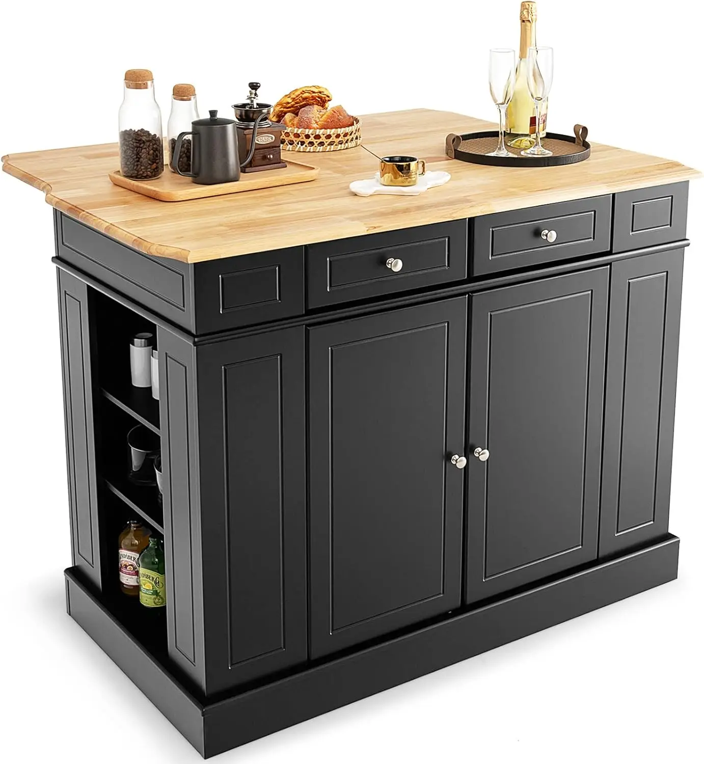 Kitchen Island with Drop Leaf, Rubber Wood Top, 2 Drawers, Storage Cabinets, Spice Racks, Adjustable Shelves, Stationary