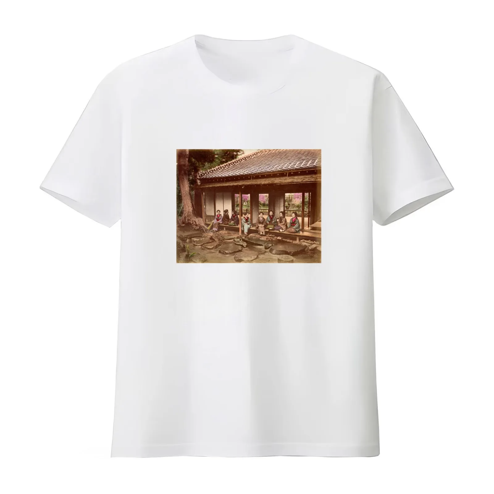 Geisha at Tea House T-Shirt Summer Casual Cotton Tee Oversized Streetwear Tops Vintage Graphic Print Loose Fit Short Sleeve