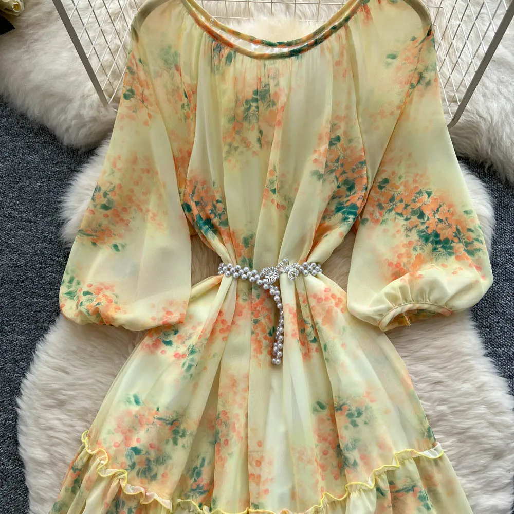 롱 드레스 여성 드레스 플라워 프린트 A라인 베스티도 스트리트웨어 웨딩 긴팔 우아한 스플라이스 Y2K 하이웨이스트 워크 2025