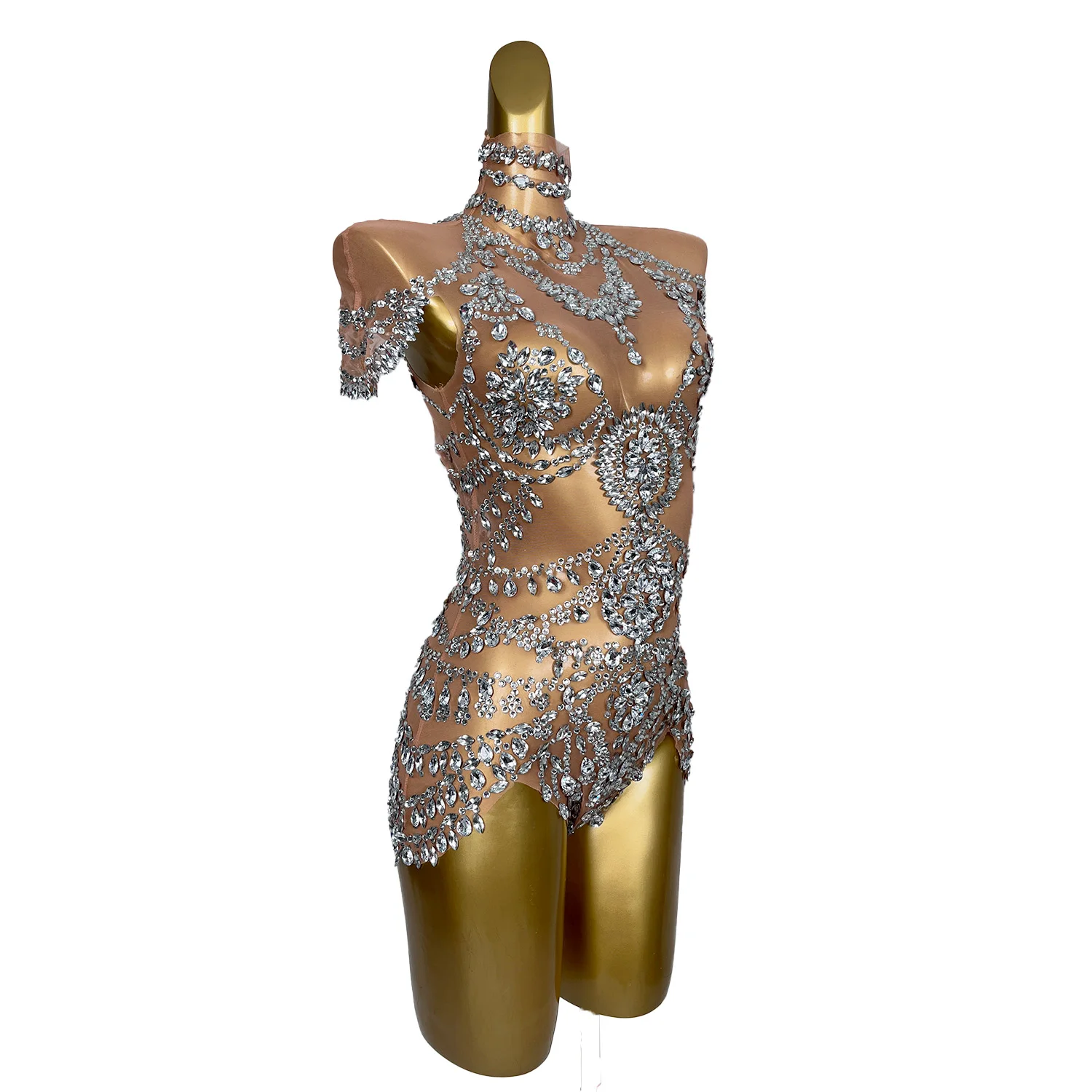 Sexy Bühne Sparkly Strass Bodys Luxus Frauen Ein Stück Stretch Sheer Mesh Kurze Dance Drag Queen Kostüm Wuniang