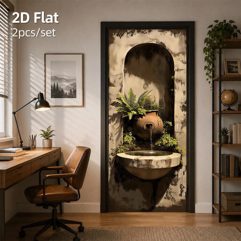 1 piece of retro stone wall, green plant, pottery jar, flowing water door sticker creates a natural and fresh atmosphere 2D plan