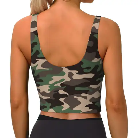 Anpassad sport-bh med hög effekt, militär kamouflage, grön brun svart, dam, armékamouflage, gymträning, yoga, crop top 6 best sales grön sport-bh - №3