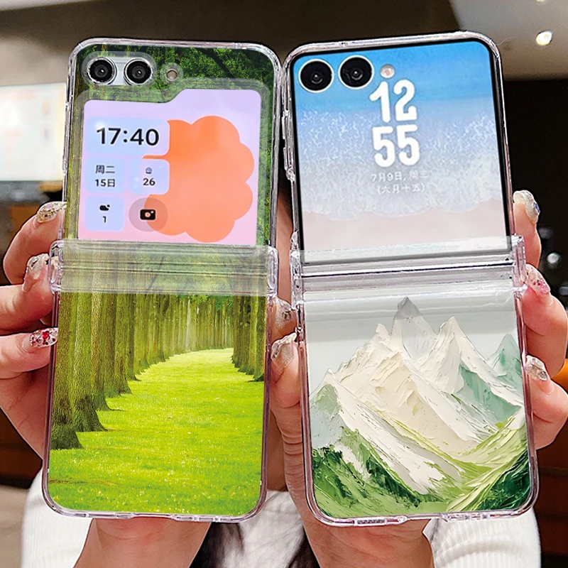 Snow Mountain Printed Phone Case For Samsung Galaxy Z Flip 8 7 FE 6 5 4 3 5G Clear Hard PC Back Cover For Samsung Z Flip8 Flip7