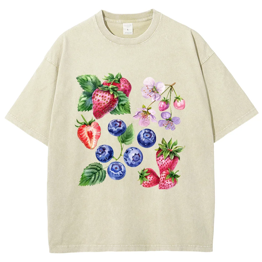 

Summer Women's T-Shirt New Y2K Women's Clothing Sales 2024 Oversize Strawberry Print Washed Top Harajuku Short Sleeve Casual