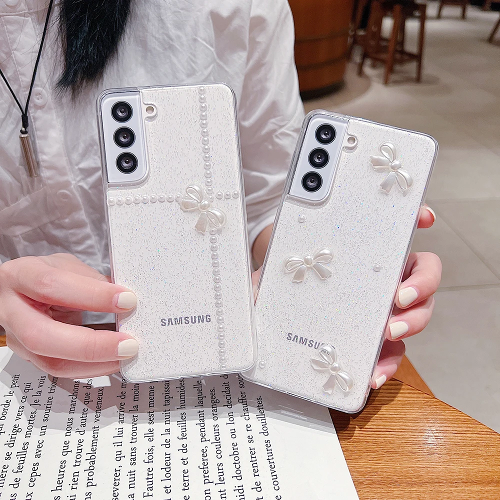 Pearl Bow Case for Samsung Galaxy S22 S21 S20 Ultra Plus FE A53 A73 A13 A52S A72 A32 Cover Clear Glitter Stars Soft Cover Shell