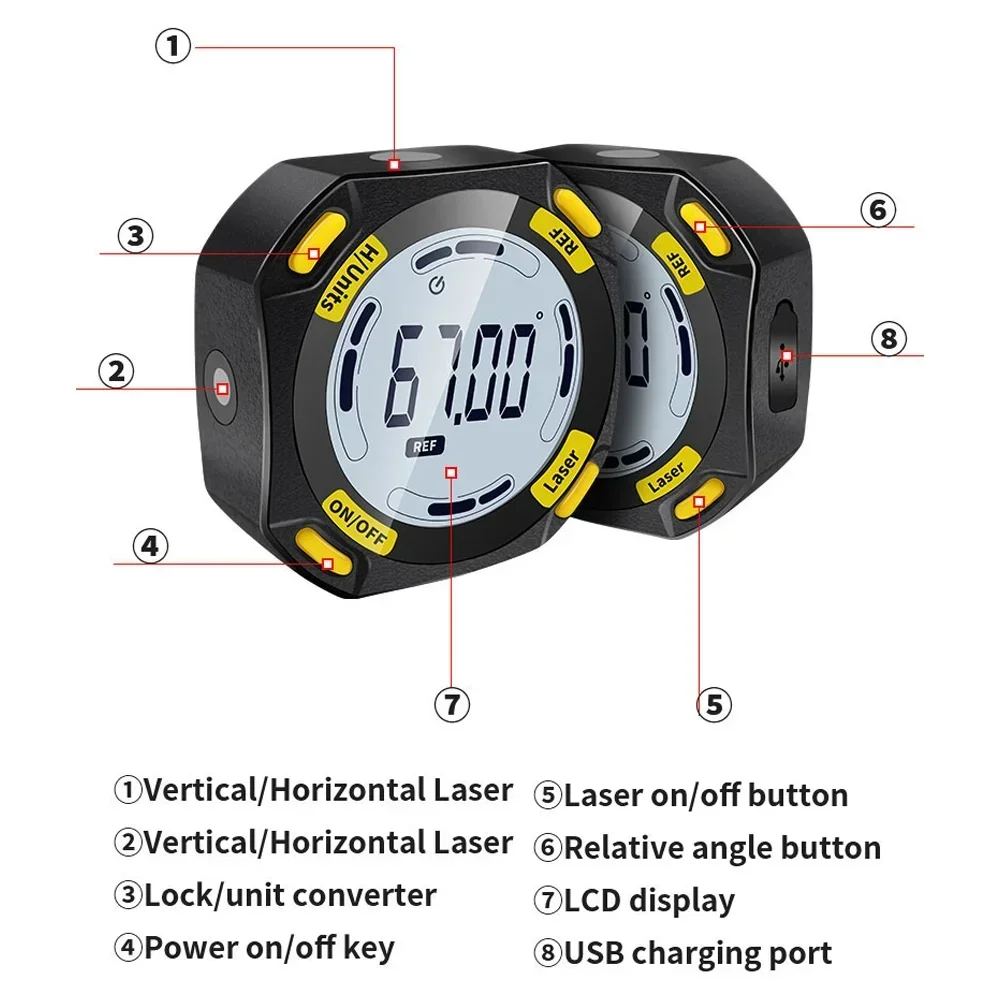 Laser Digital Protractor Level Box Angle meter Measuring Tools Inclinometer Laser  Horizontal Vertical Laser Type-C Charging