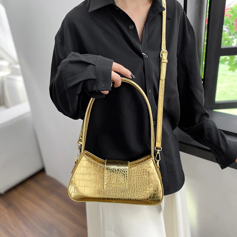 Fashion Underarm Tote Shopper Bag Luxury Gold Silver Patent Leather Women\'s Shoulder Bag Orange Pink Handbag Crossbody Bag Femme