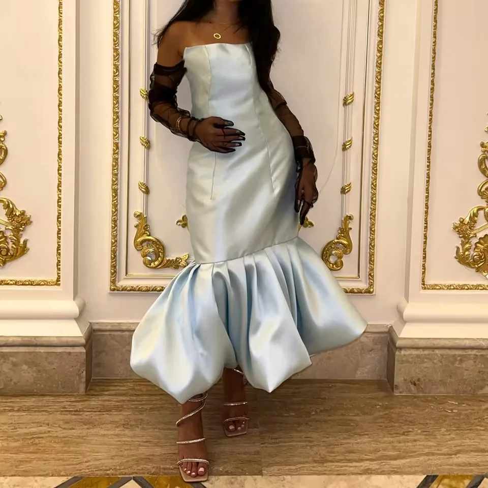 Modest With Draped Bottom And Gloves Strapless Ankle Length Satin Women Dress To Party Very Light Blue Mermaid Formal Dresses