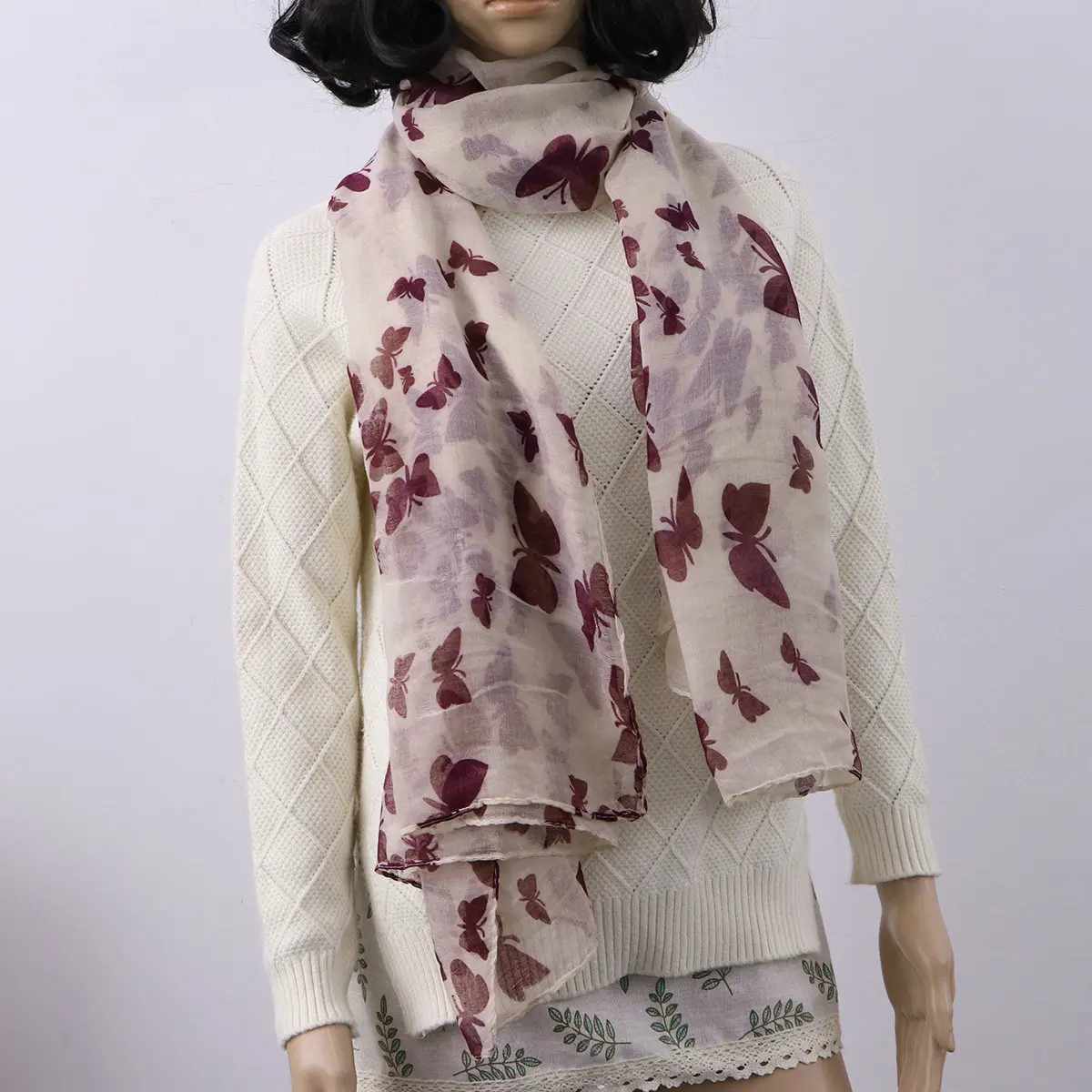 

180100Cm Beige Women's Long Voile Scarf Shawl Wrap Soft Skin-Friendly Dance Butterfly Pattern All-Season Neck Scarf Fashion