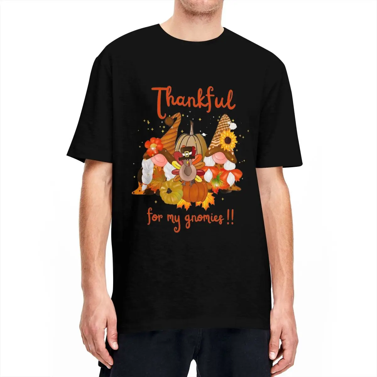 Happy Thanksgiving Gnomes T-Shirt Men Pumpkin With Autumn Falling Leaves Cotton T-Shirts Round Neck Tee Shirt Oversized Clothes