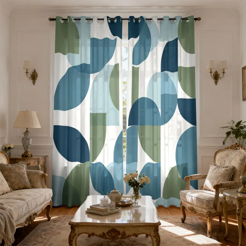 90g Double Opening Curtain Blue Green Geometric Circle Print Curtain for Home Decor Living Room Bedroom