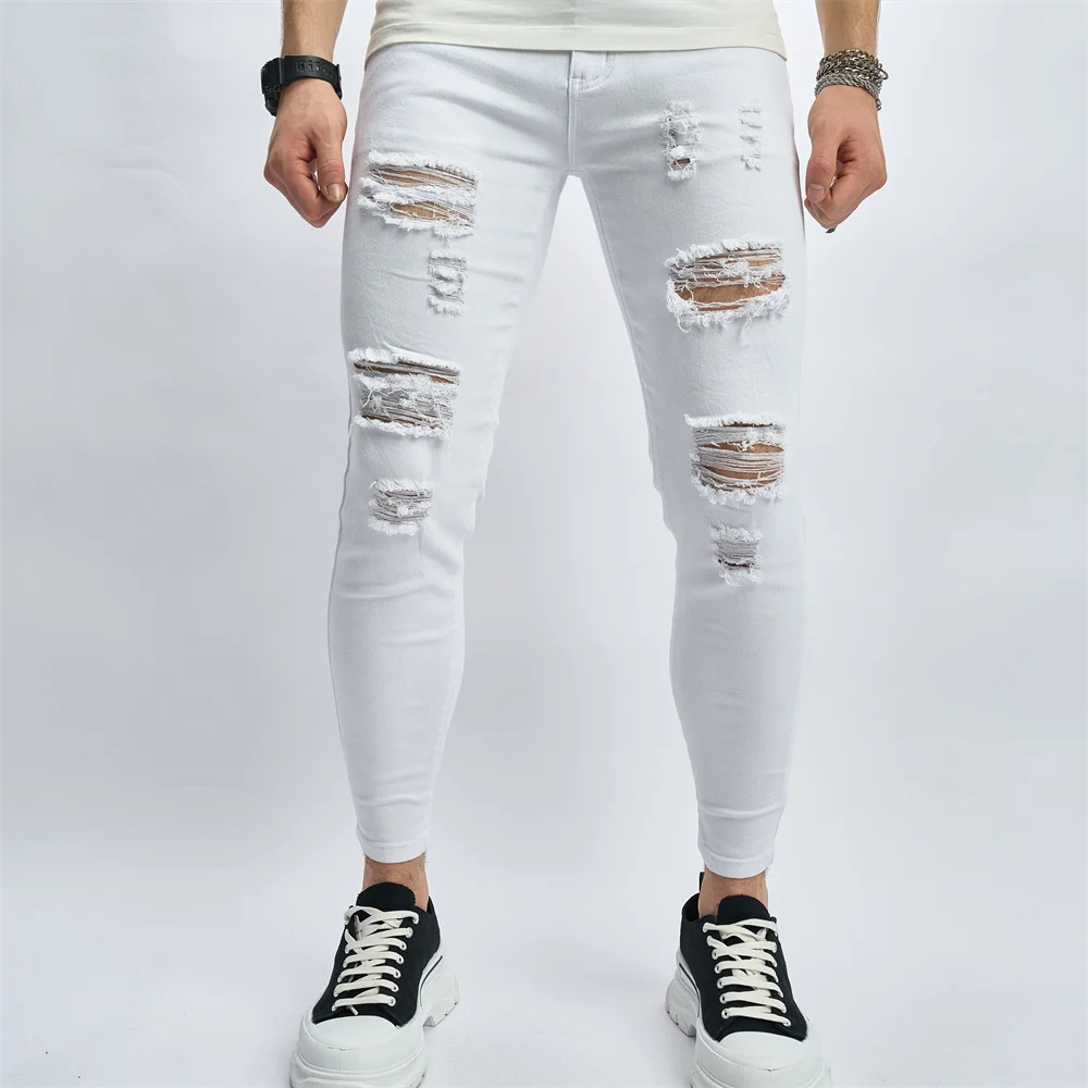 Men's Street HipHop Ripped Distressed White Skinny Jeans Good Quality Stylish Holes Slim Men Stretch Pencil Denim Pants