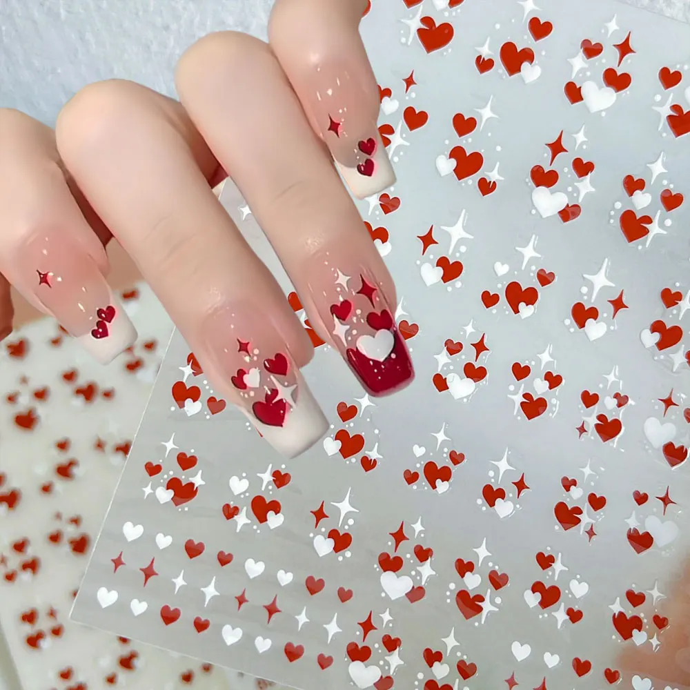 3D rouge blanc amour coeur saint valentin Nail Art autocollants Kawaii étoile coeur ongles décalcomanies 8*10 cm auto-adhésif Valentine Nail Deco