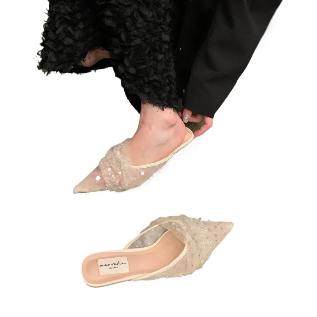 Small fragrant wind high heel half slippers spring/summer vintage high heels Gentle single shoe sequined shoes