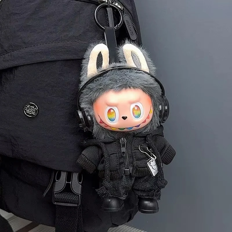 Vestiti per bambole Labubu da 15/17 cm adatti per 1a/2a/3a generazione Mr. Black Bear Felpa con cappuccio Set con scarpe Occhiali Costumi di peluche