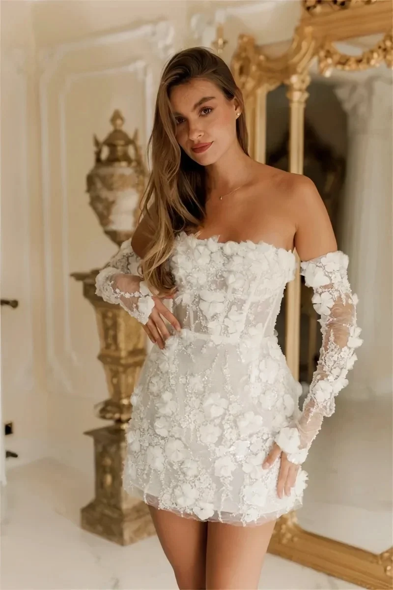 Women\'s Short Wedding Dresses Lace Floral Appliques Bridal Gown Strapless with Detachable Long Sleeves Flowers Prom Dress