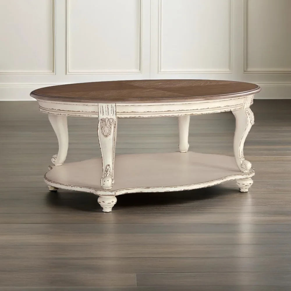 Table basse ovale HILL en blanc éclaté et marron