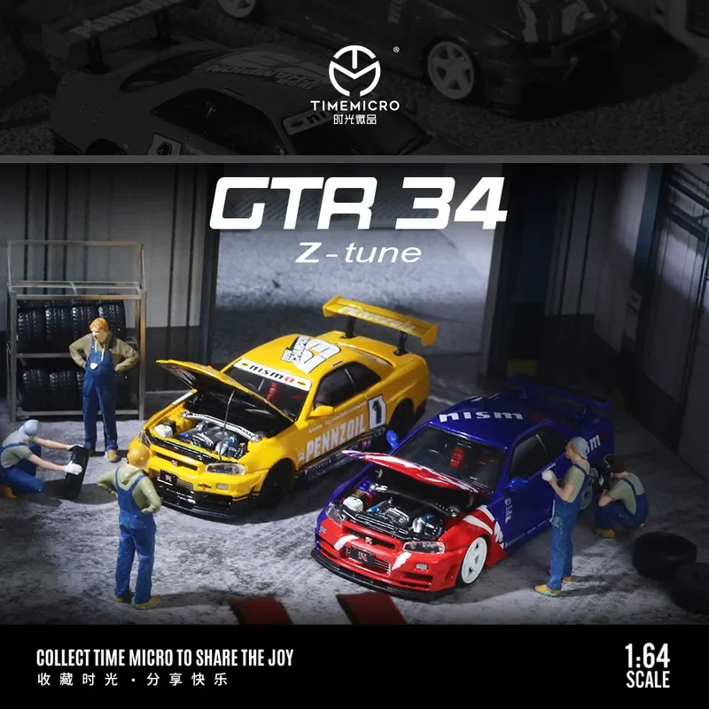 

**Предпродажа** TimeMicro 1/64 GTR34 Желтая, черная и красная, синяя гоночная живопись, имитация модели автомобиля из сплава